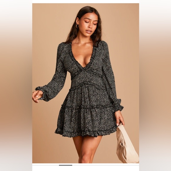 NWT Lulu’s Admire You Black Floral Print Ruffled Long Sleeve Mini Dress - Picture 3 of 9